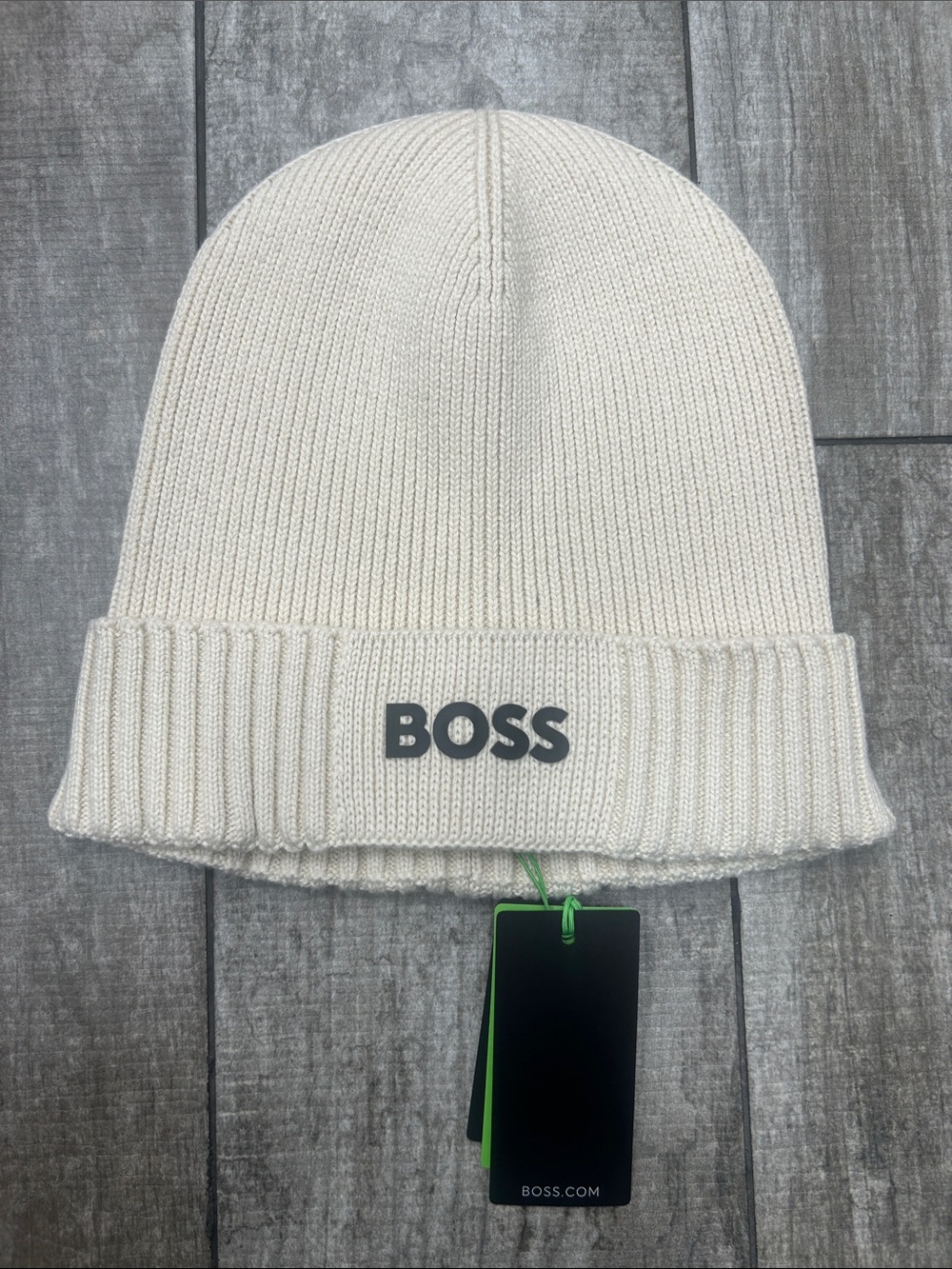 100% Authentic BOSS Cream Knit Cuffed Beanie with Logo